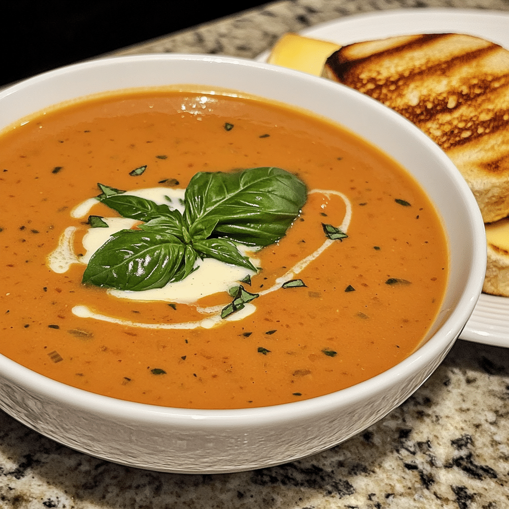 creamy tomato basil soup with basil garnish and grilled cheese