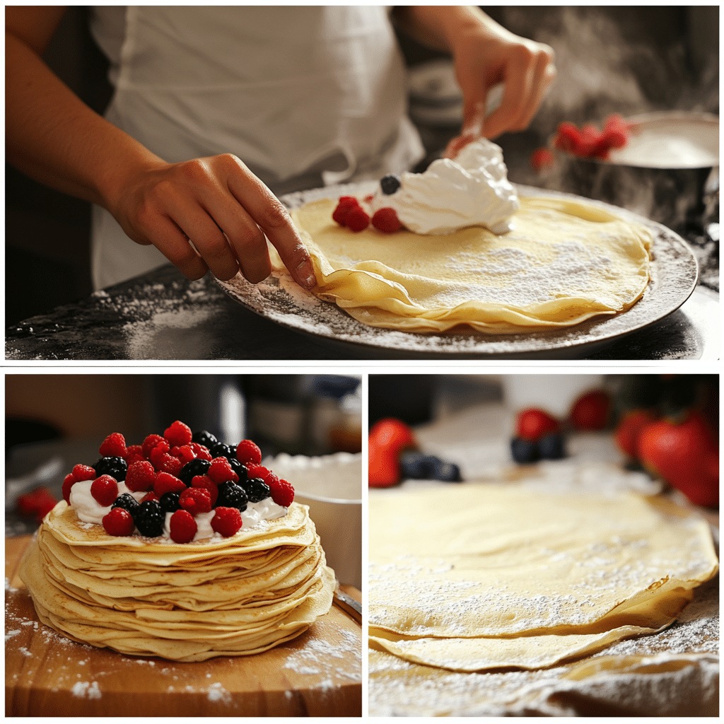 Four panel collage showing the steps for making crepes