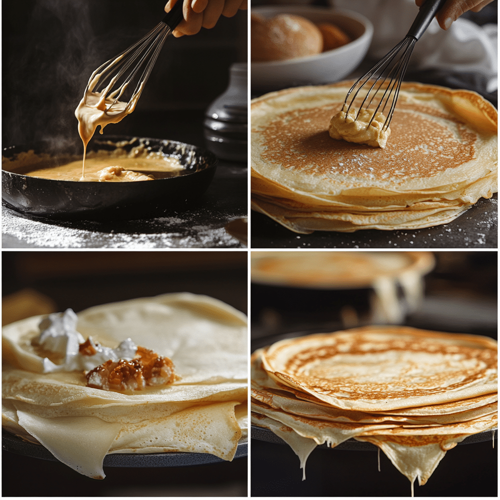 Four panel collage showing the steps for making crepes