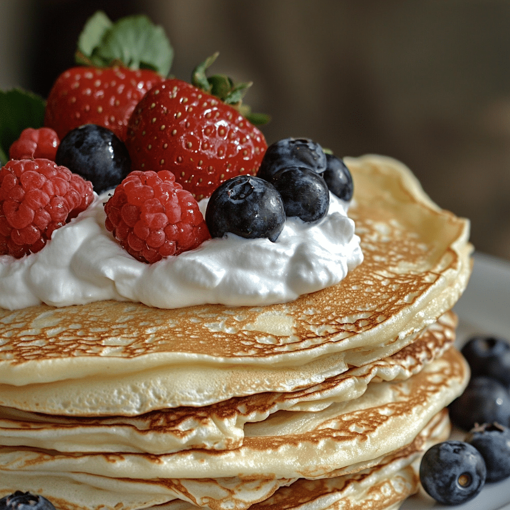 A stack of thin crepes with fresh berries and whipped cream
