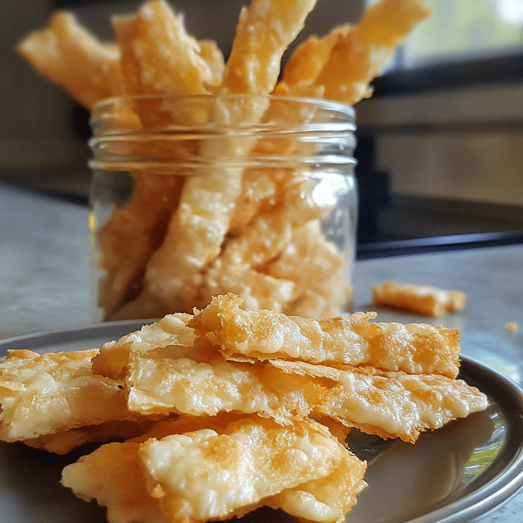 Golden cheese straws in a jar and on a plate in a home kitchen