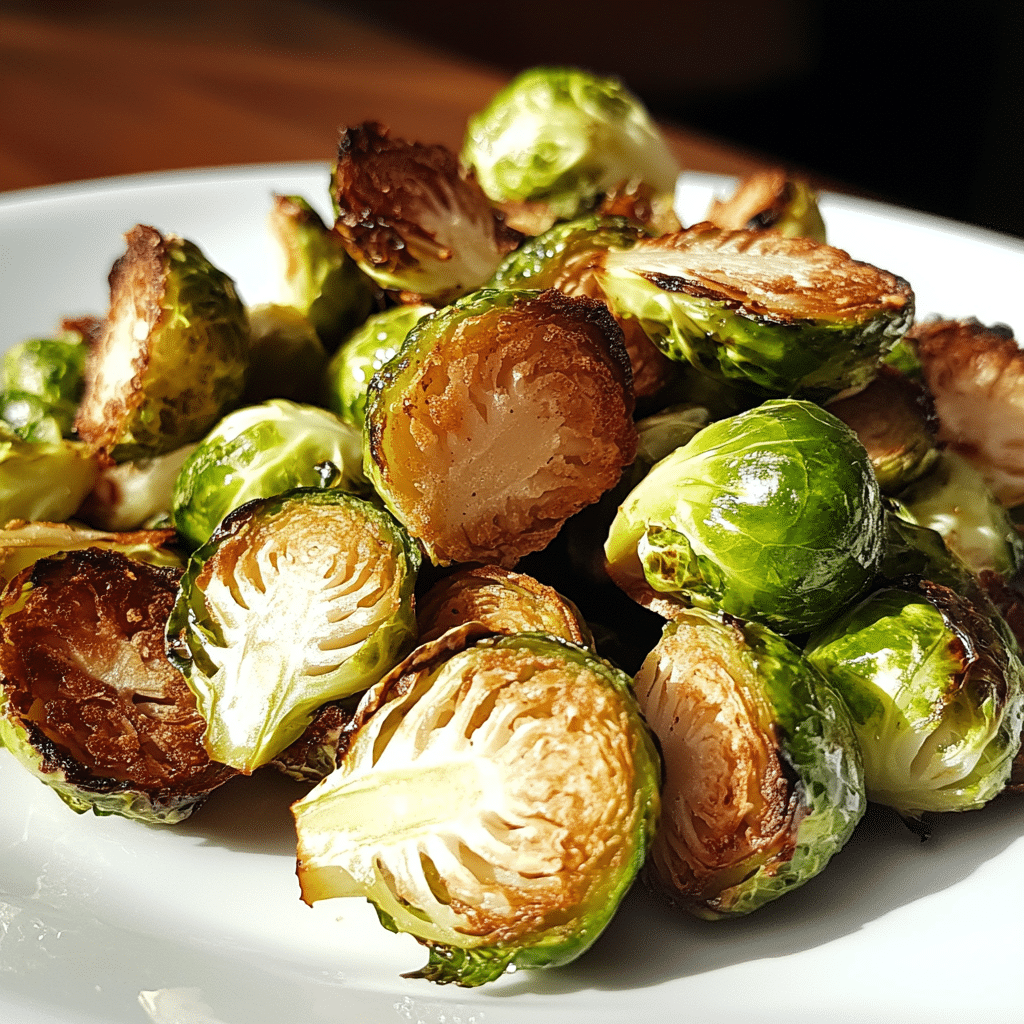 Close-up of roasted Brussels sprouts with crispy, caramelized edges