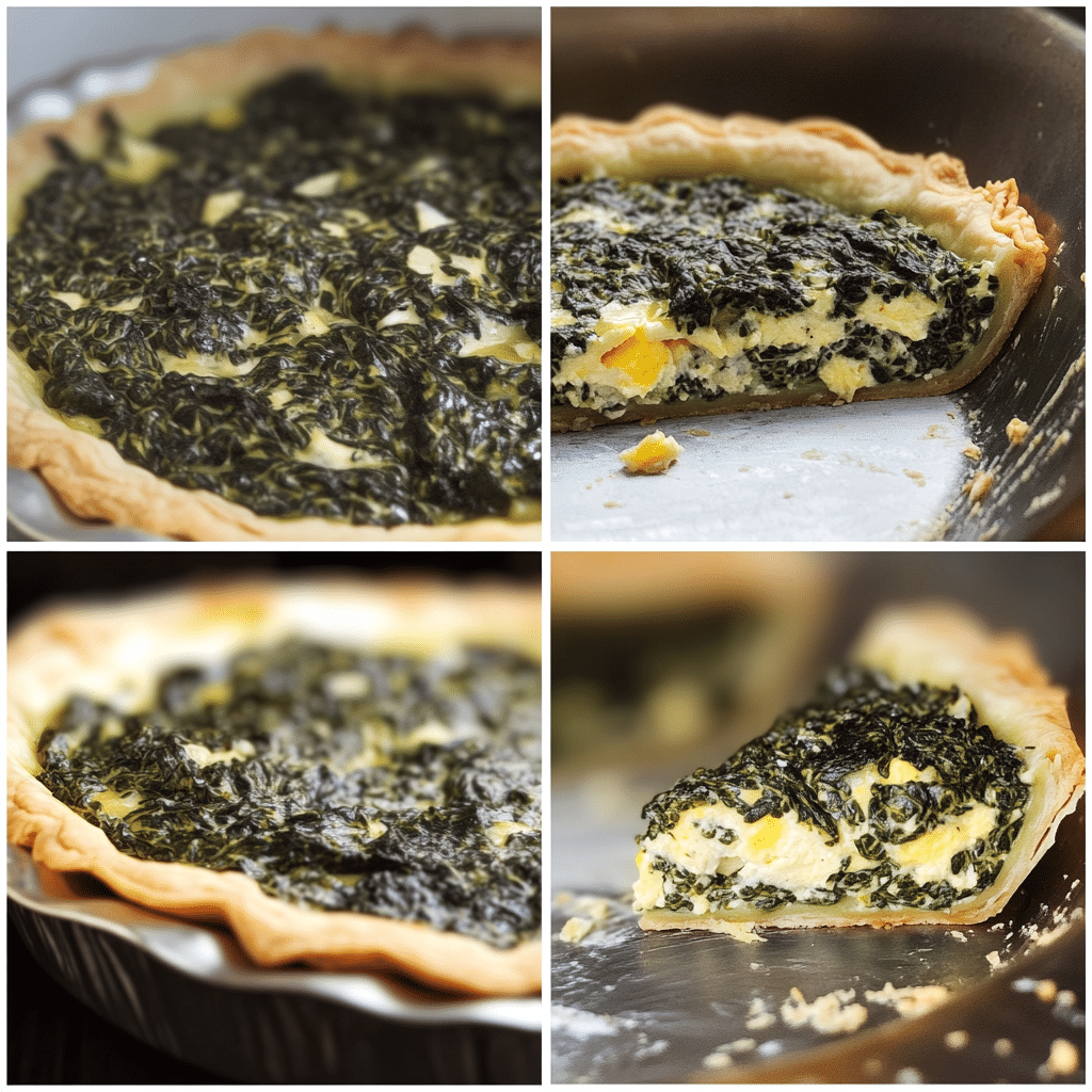 Four panel collage showing the steps for making crustless spinach quiche