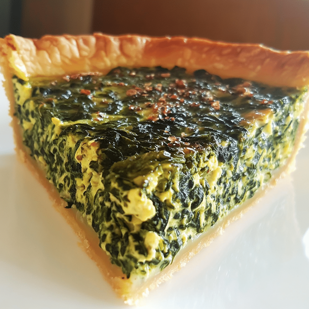 A slice of crustless spinach quiche with spinach and cheese filling