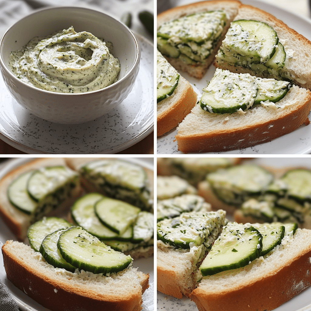 Four panel collage showing mixing spread, slicing cucumbers, assembling sandwiches, and finished triangles
