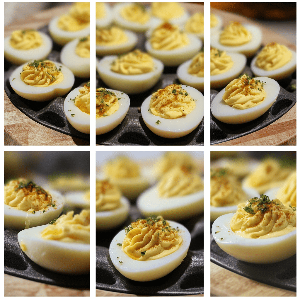 Four panel collage showing the steps for making deviled eggs