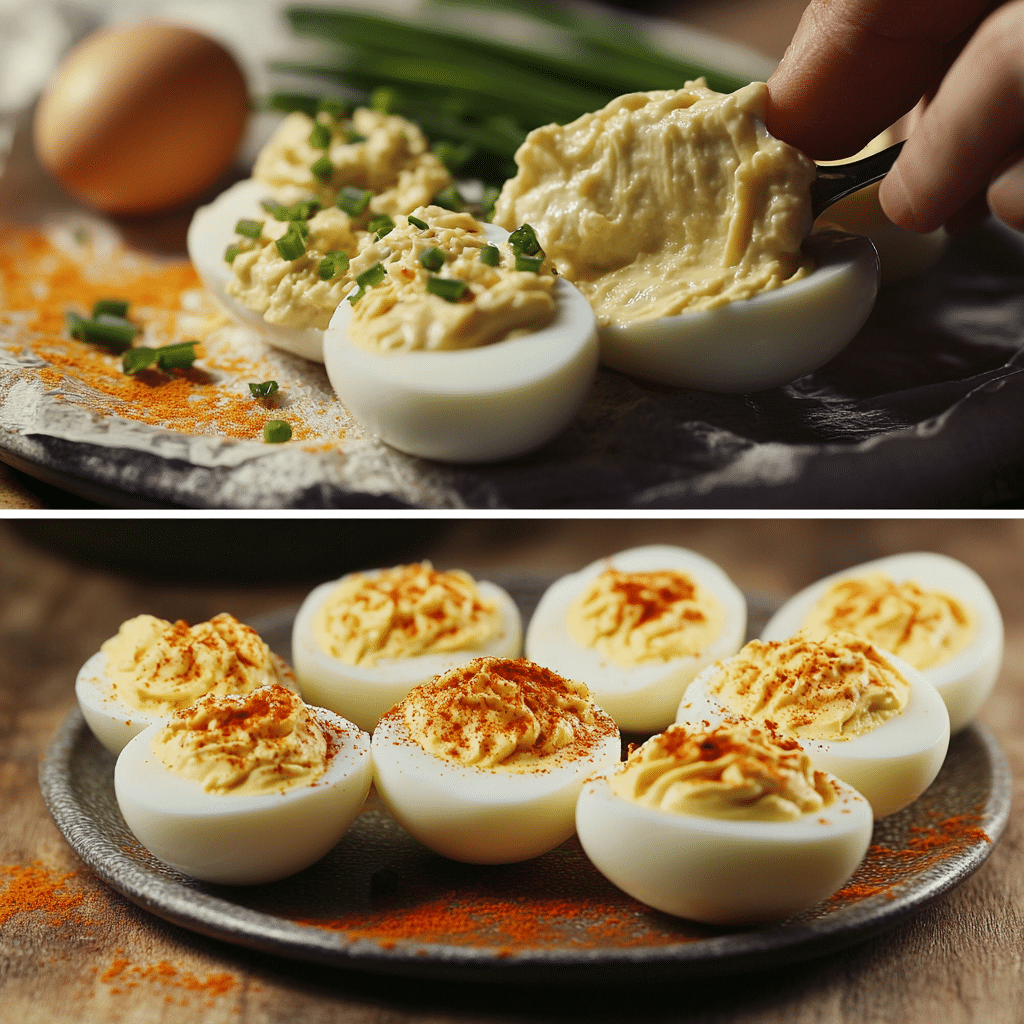 Four panel collage showing peeling eggs, mixing yolk filling, piping into halves, and finished deviled eggs