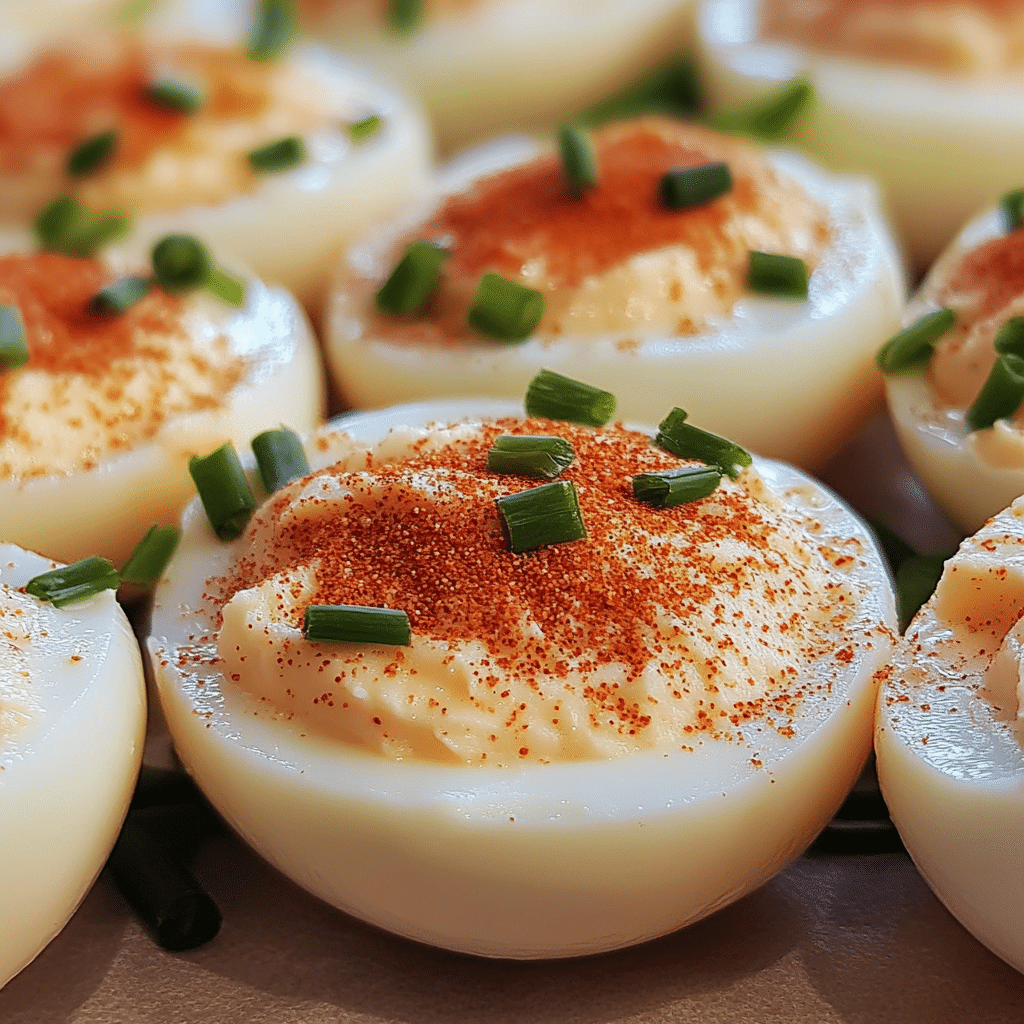 Deviled eggs with paprika and chives garnish