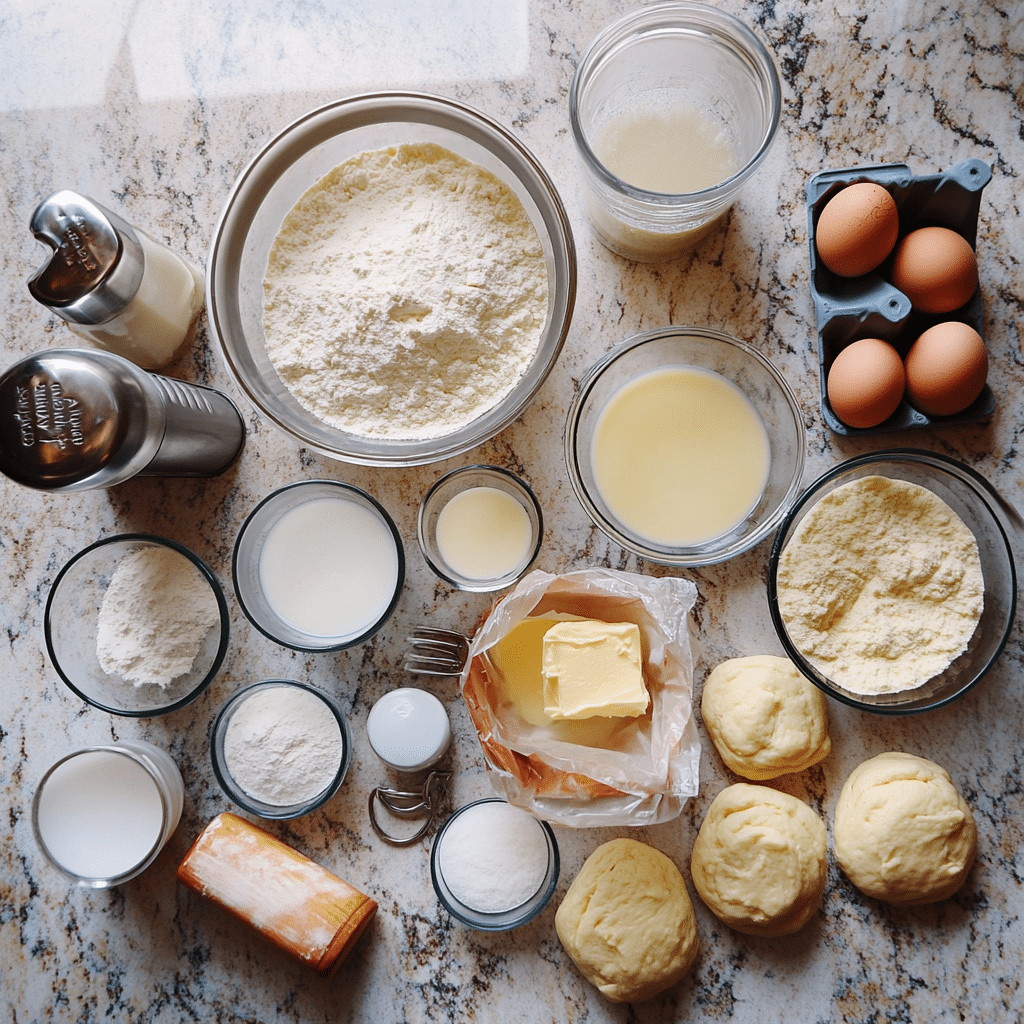ingredients for homemade dinner rolls including flour yeast milk butter eggs sugar and salt