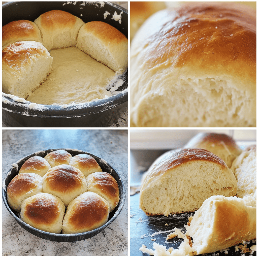 four panel collage showing steps to make homemade dinner rolls