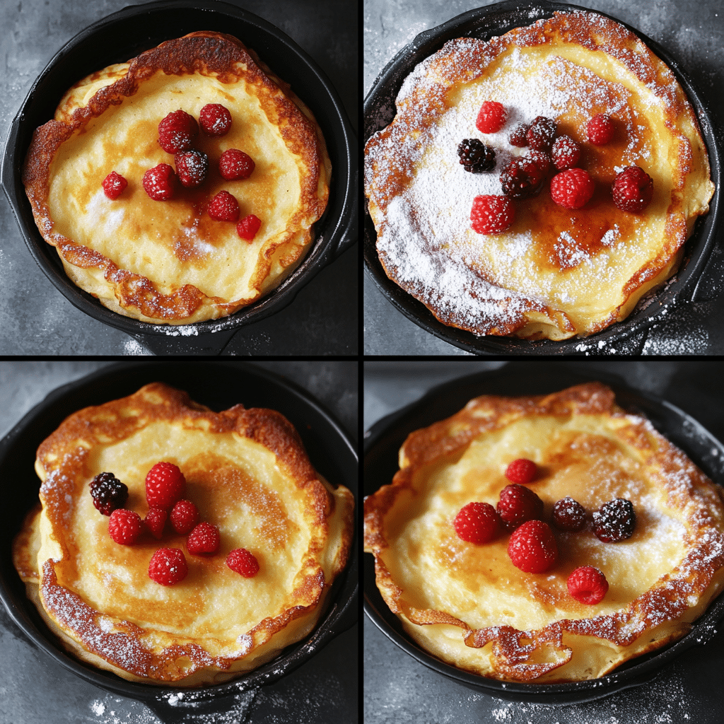 Four panel collage showing the steps for making Dutch baby pancakes