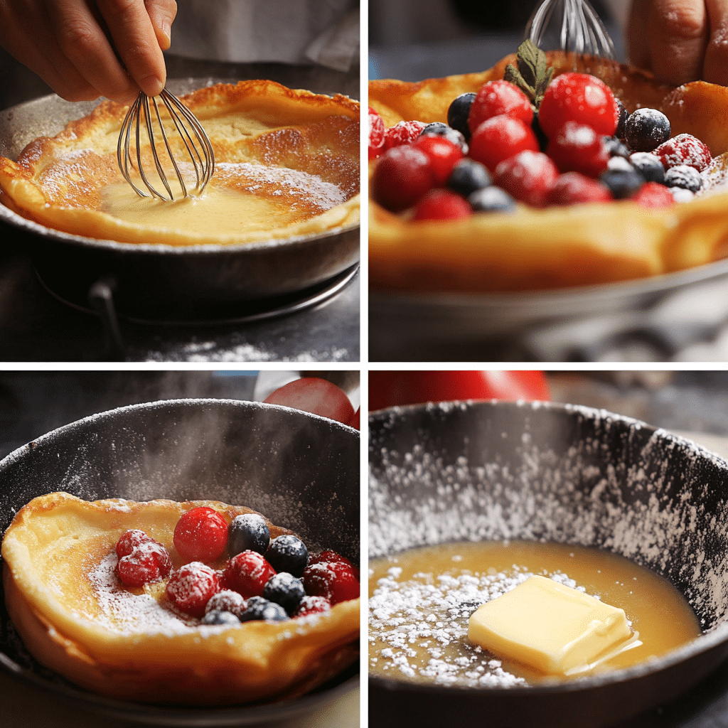 Four panel collage showing the steps for making Dutch baby pancake