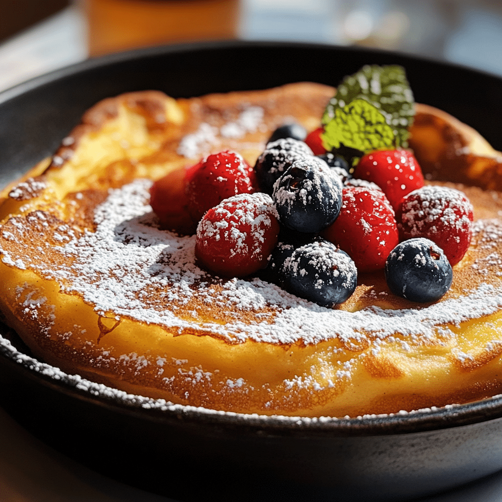 A golden brown Dutch baby pancake with crispy edges, topped with berries and powdered sugar