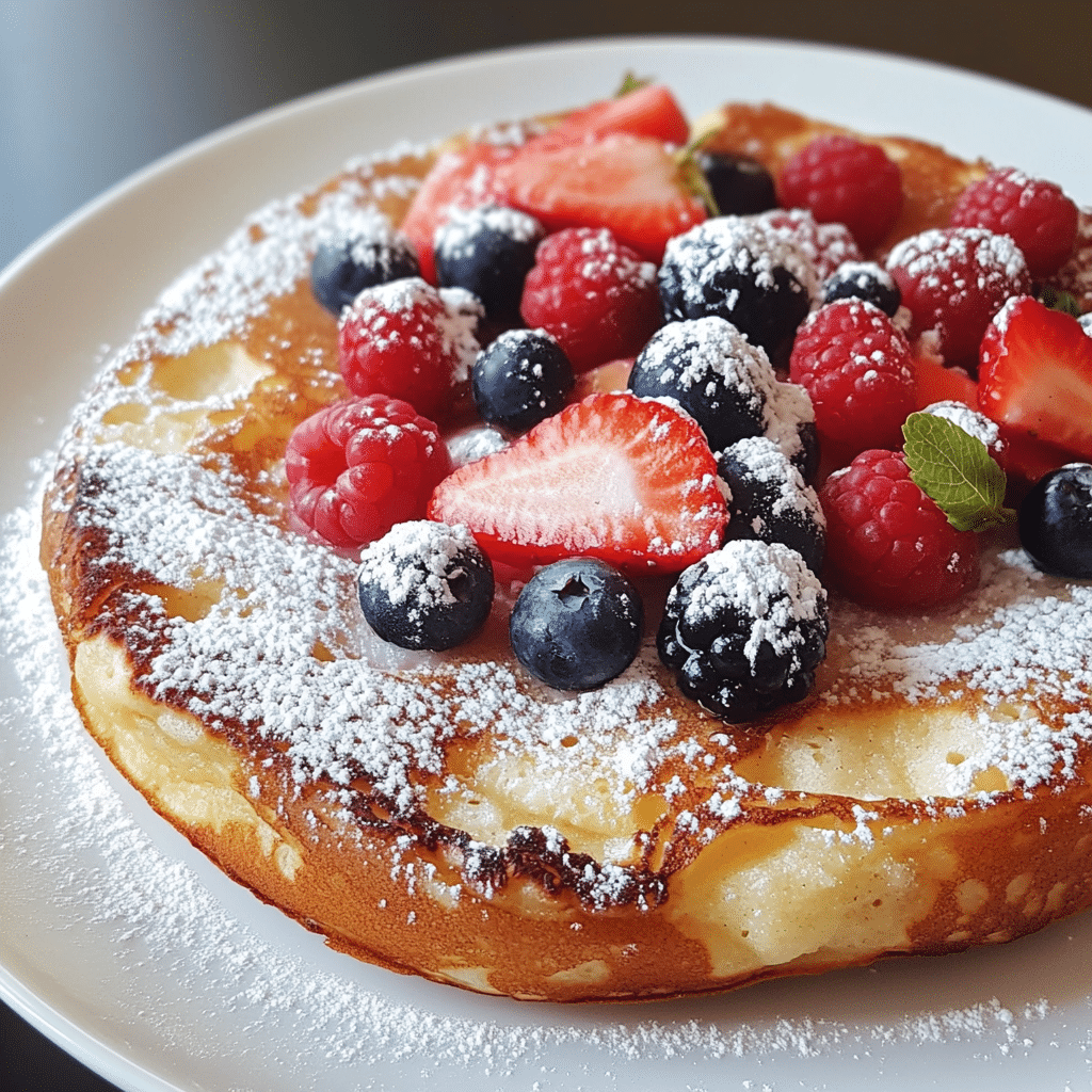 A freshly baked Dutch baby pancake with powdered sugar and berries