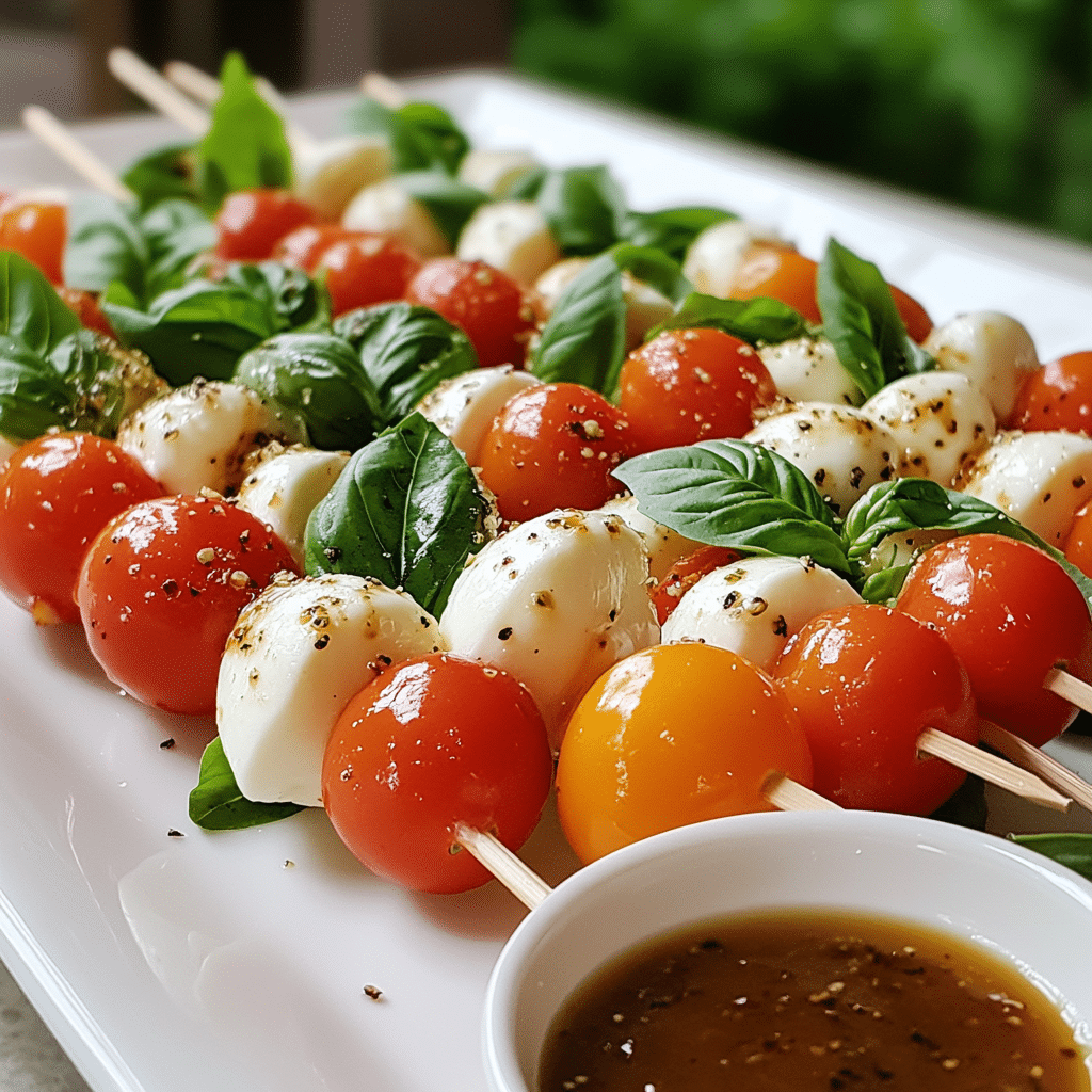 Caprese skewers with cherry tomatoes, mozzarella pearls, and basil on a platter