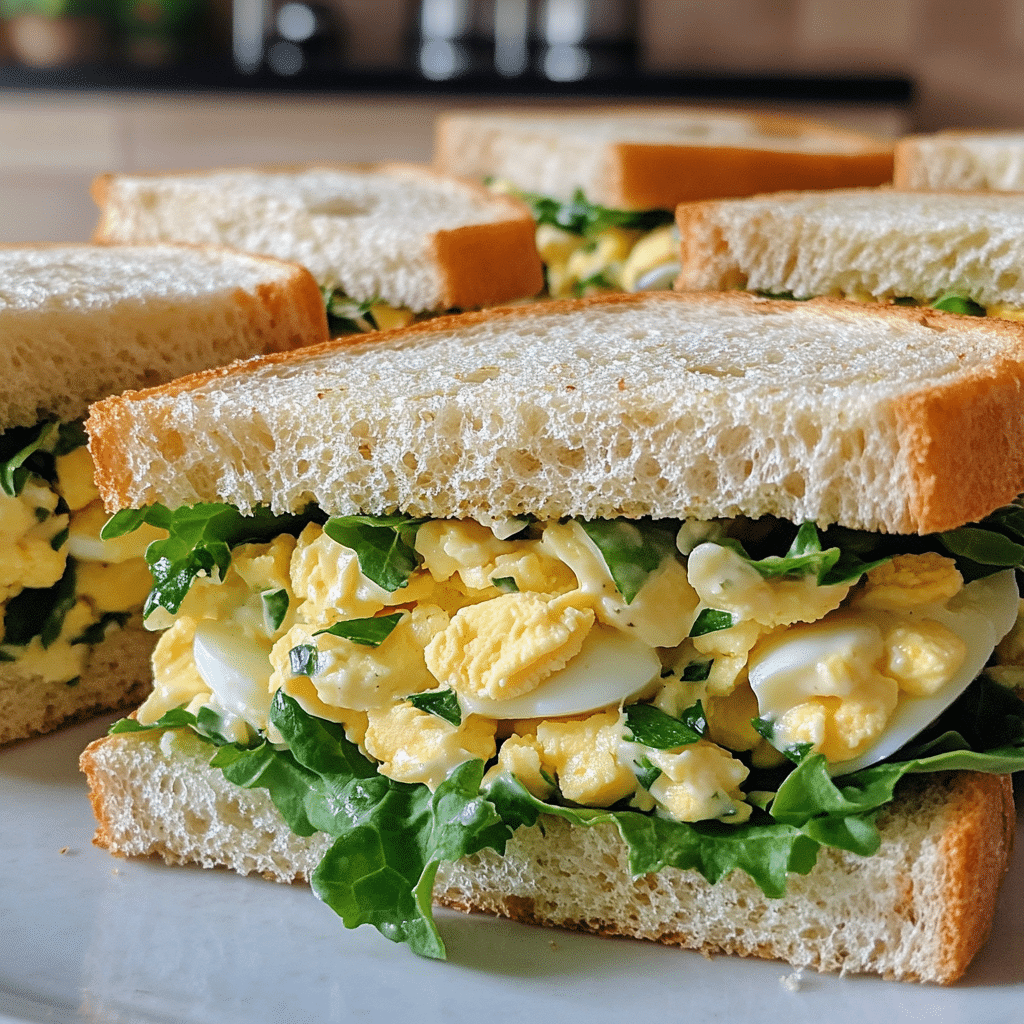 Egg salad sandwiches on soft bread with creamy egg filling and herbs