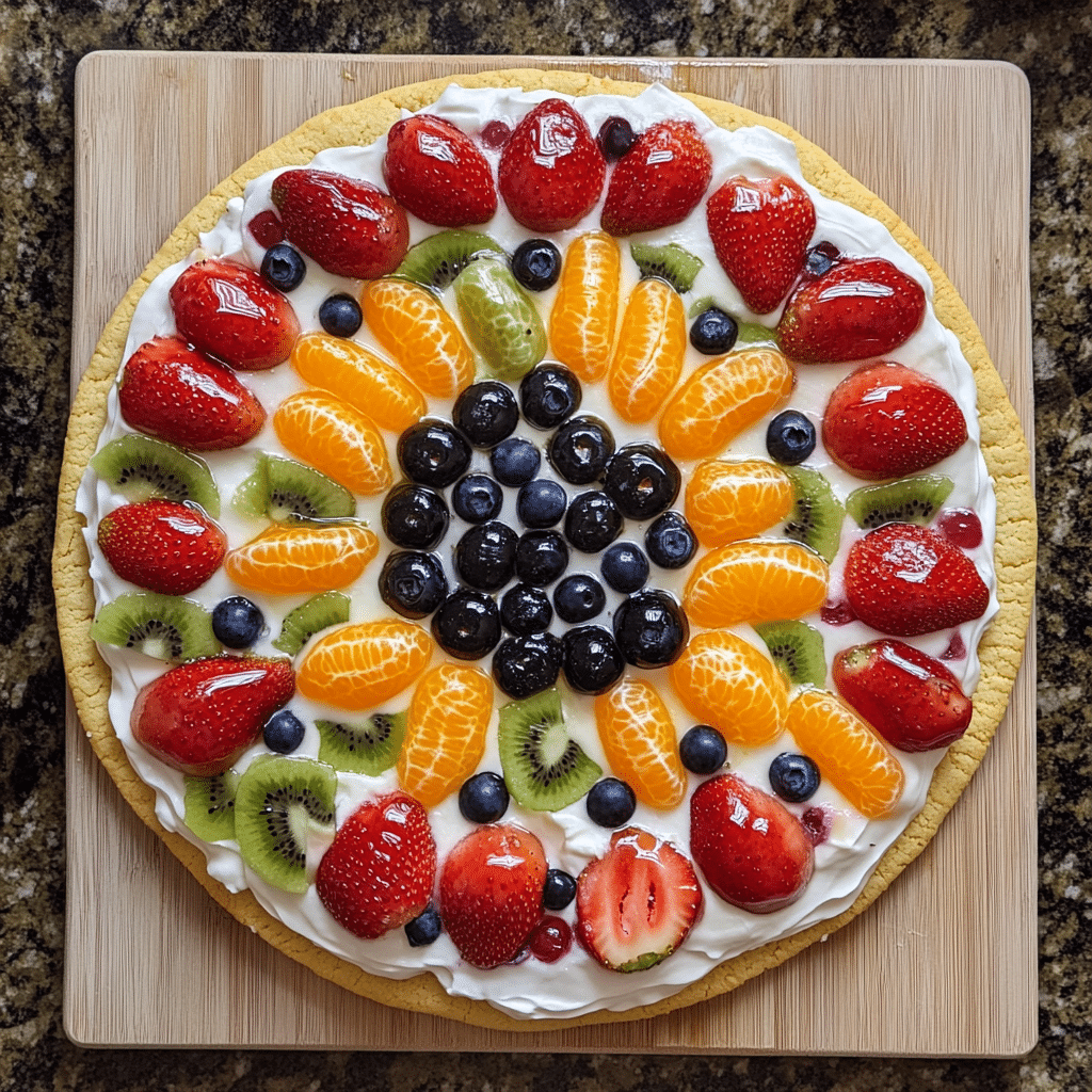 Fruit pizza on a cookie crust topped with strawberries, blueberries, kiwi, and oranges