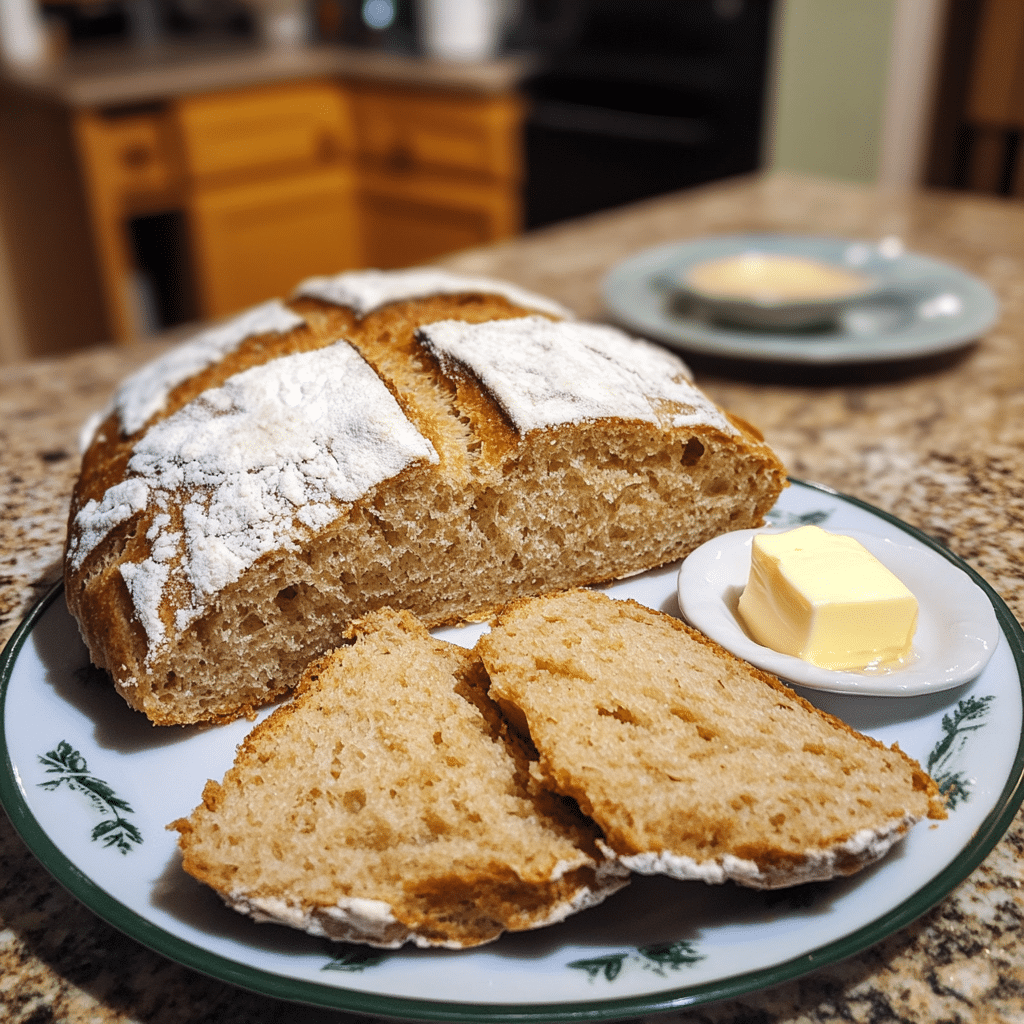 irish soda bread loaf sliced with flour dusting and butter on the side