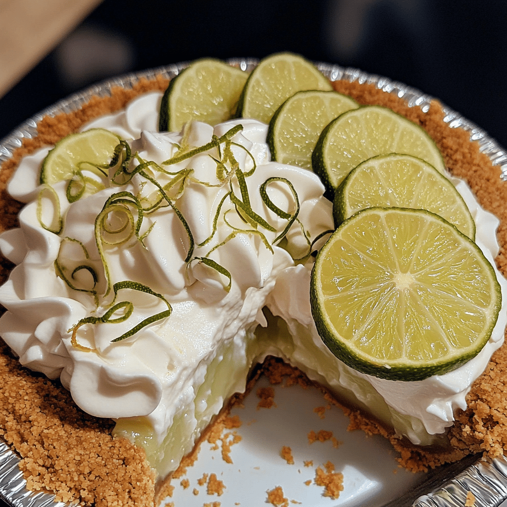 key lime pie with graham cracker crust whipped cream and lime garnish