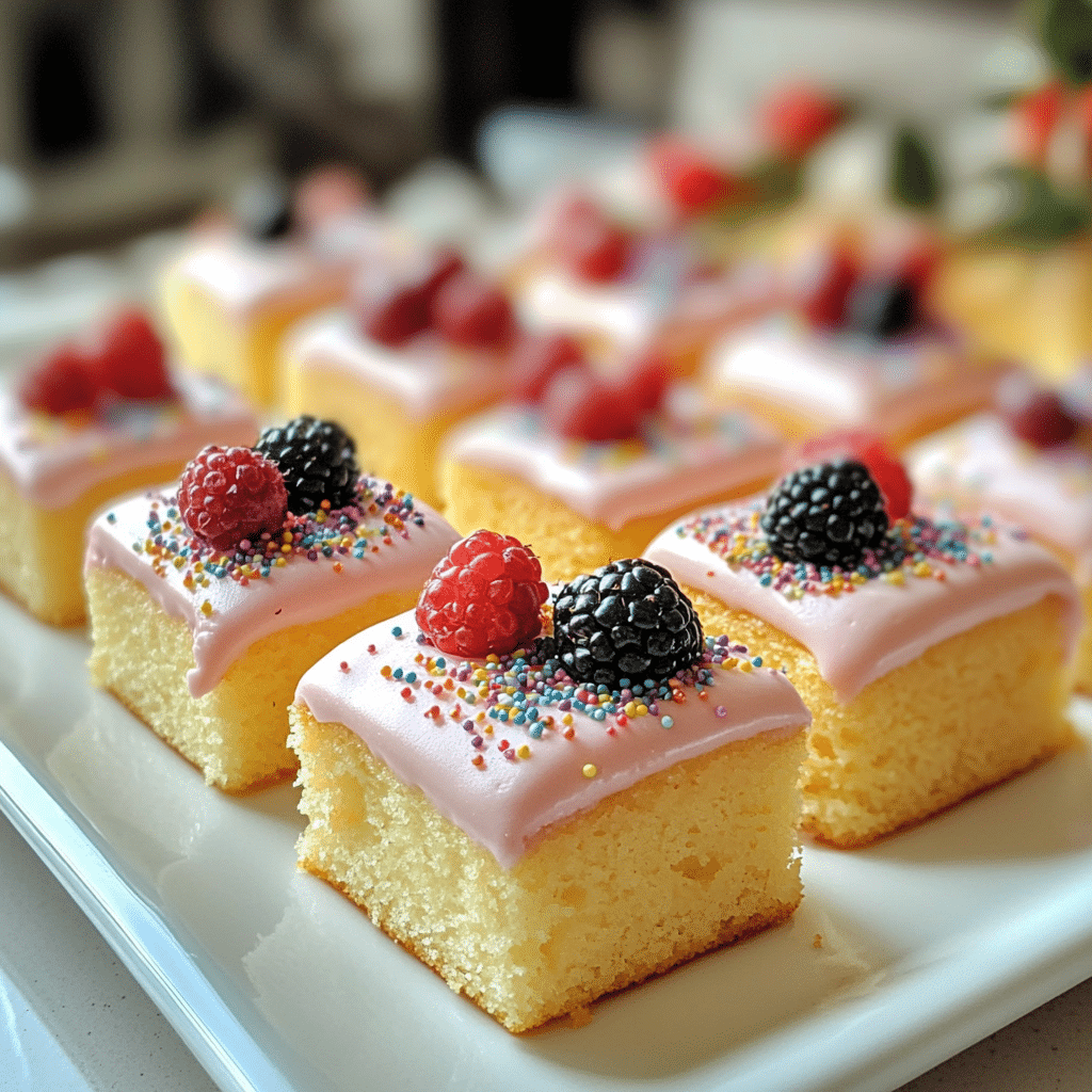 Petit fours with pastel icing and small toppings arranged on a platter