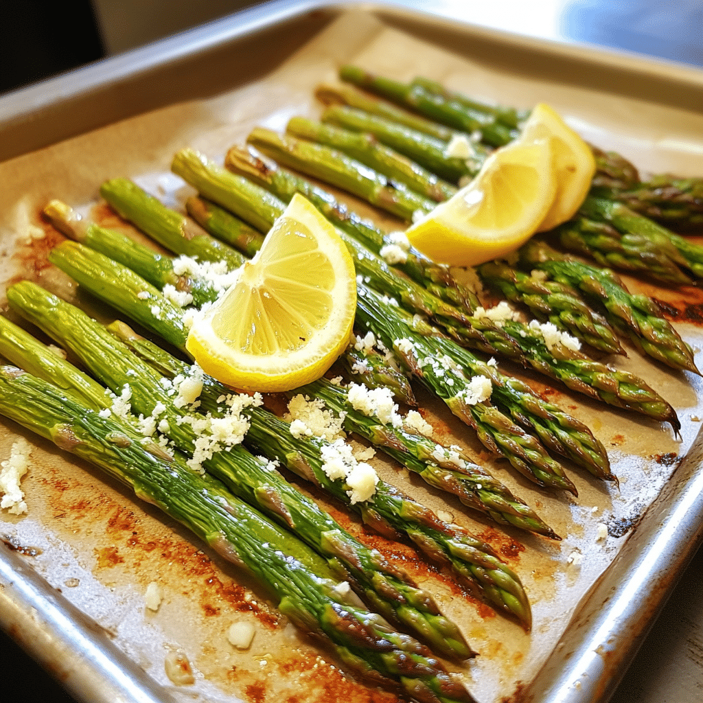 Roasted asparagus on a sheet pan with lemon wedges and parmesan