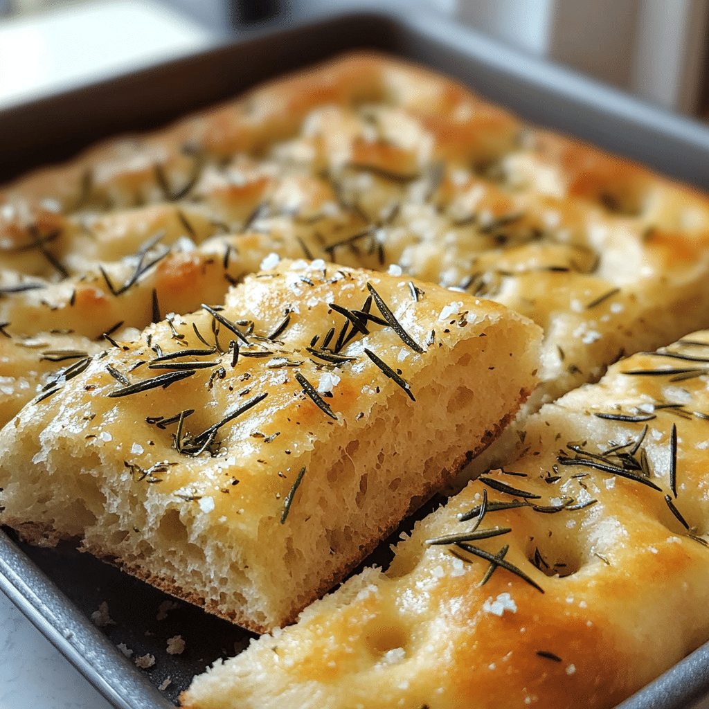 rosemary focaccia bread with golden crust olive oil dimples rosemary and flaky salt