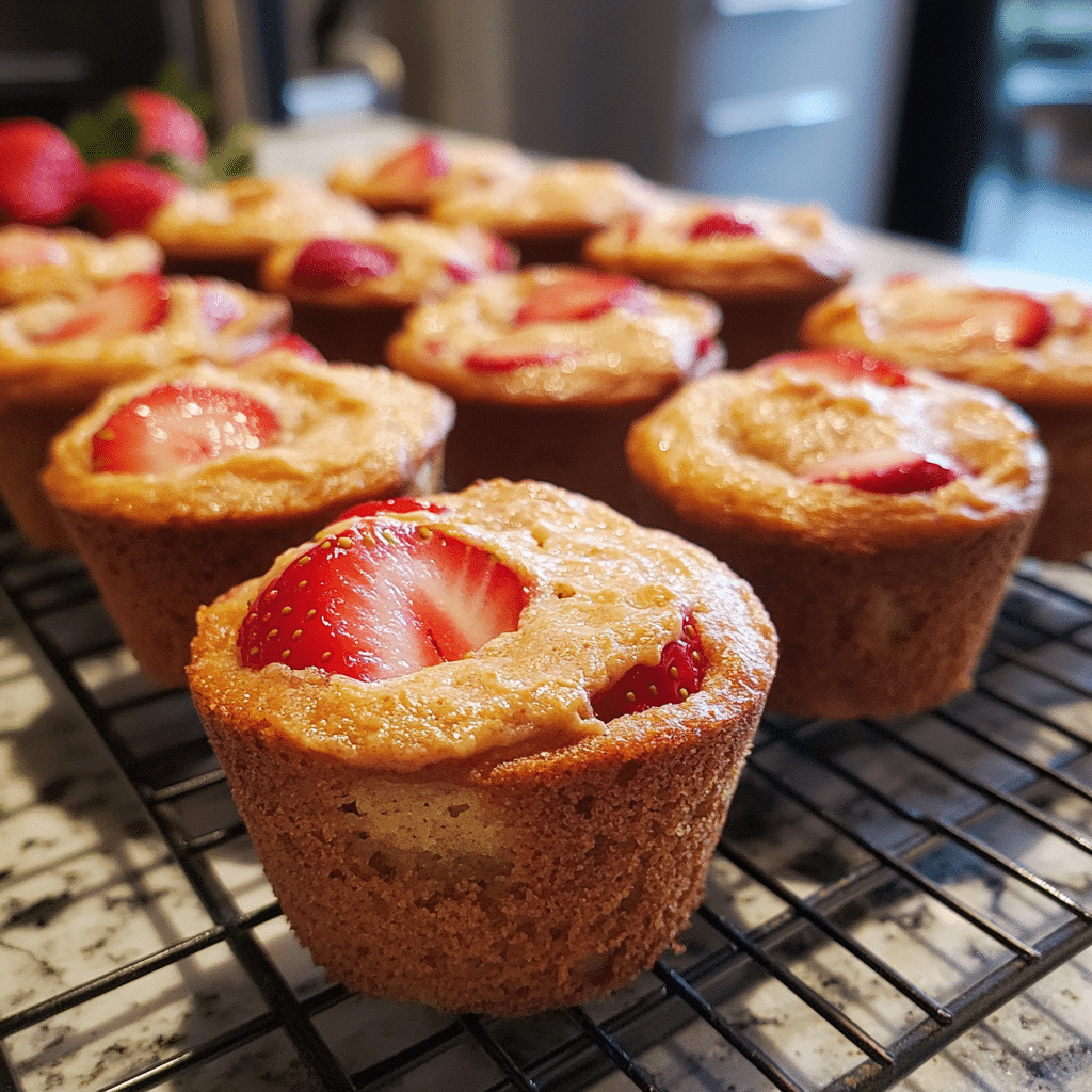Strawberry muffins with golden tops and visible strawberry pieces cooling on a rack