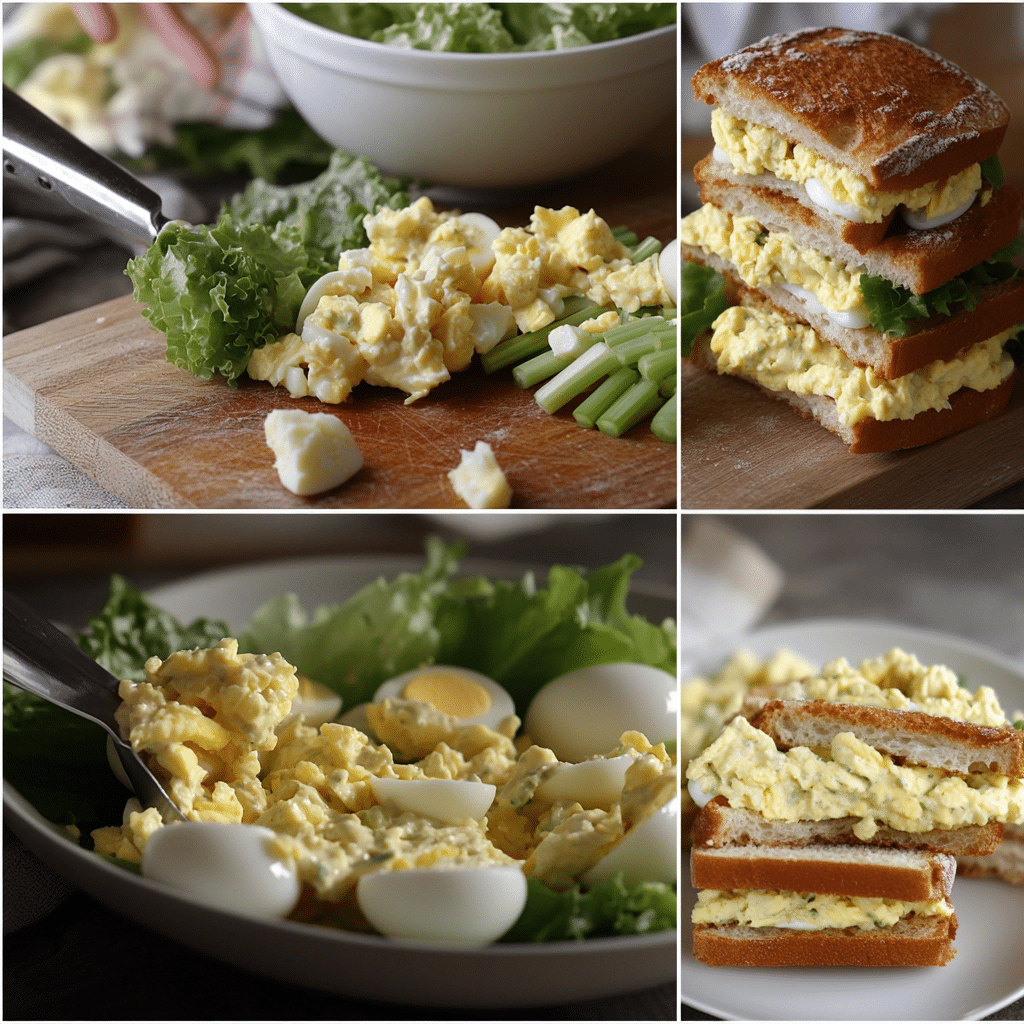 Four panel collage showing chopping eggs, mixing egg salad, assembling sandwiches, and finished egg salad sandwiches