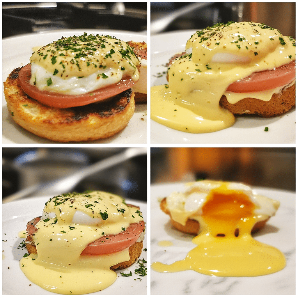 Four panel collage showing the steps for making eggs benedict