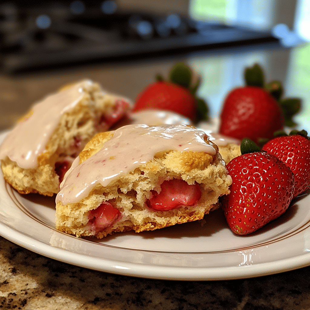 Strawberry scones with glaze drizzle and visible strawberry pieces on a plate