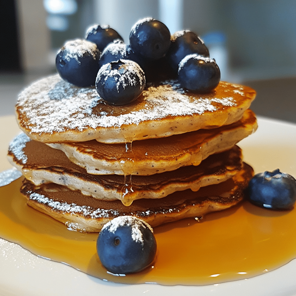 A stack of blueberry pancakes with syrup and fresh blueberries on top