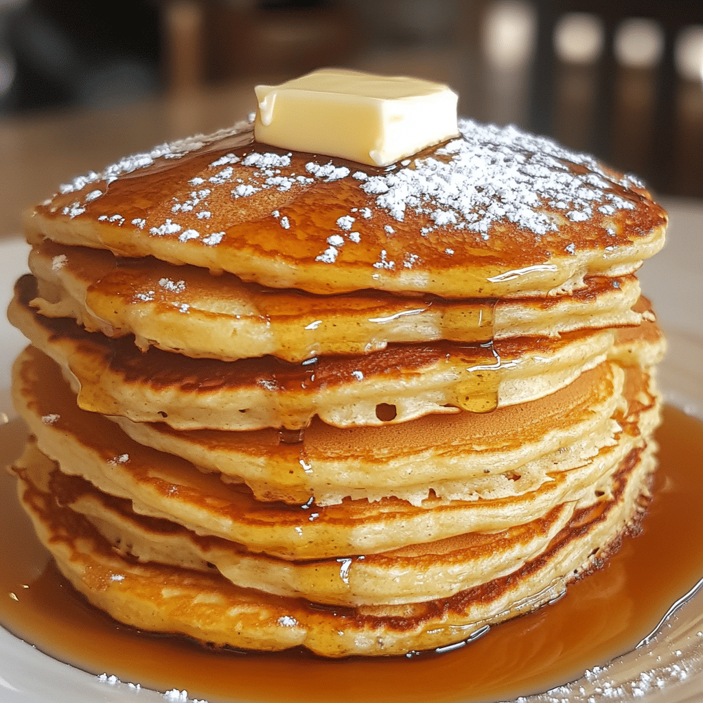 A stack of fluffy buttermilk pancakes with butter and syrup