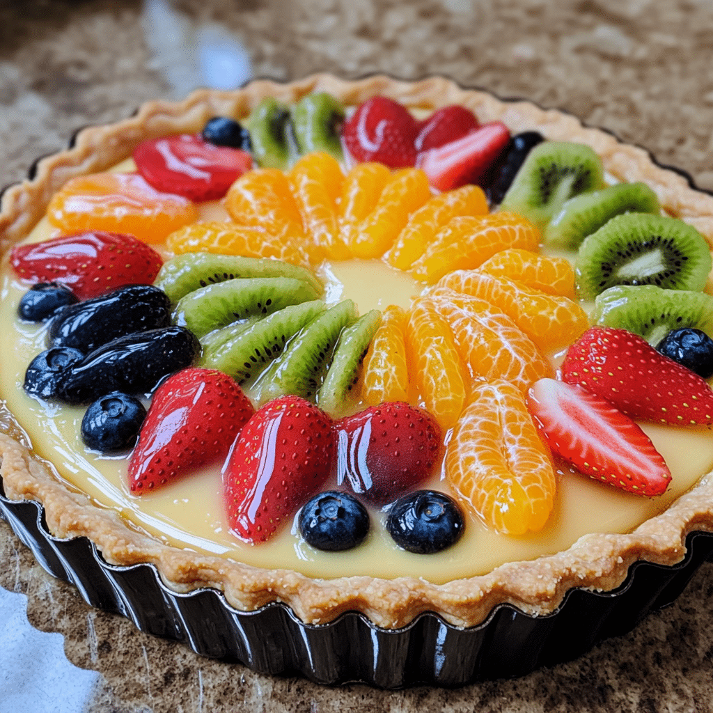 fruit tart with custard and fresh fruit arranged on top in a golden tart crust
