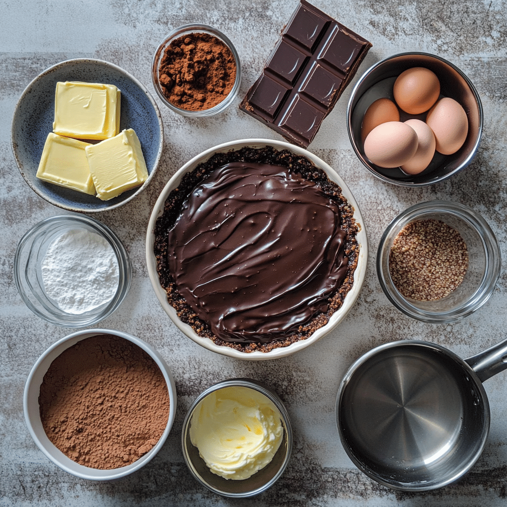 ingredients for french silk pie including chocolate cookie crumbs butter chocolate sugar eggs cream vanilla and cocoa