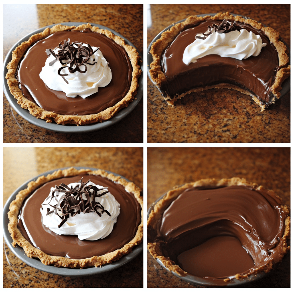 four panel collage showing steps to make french silk pie