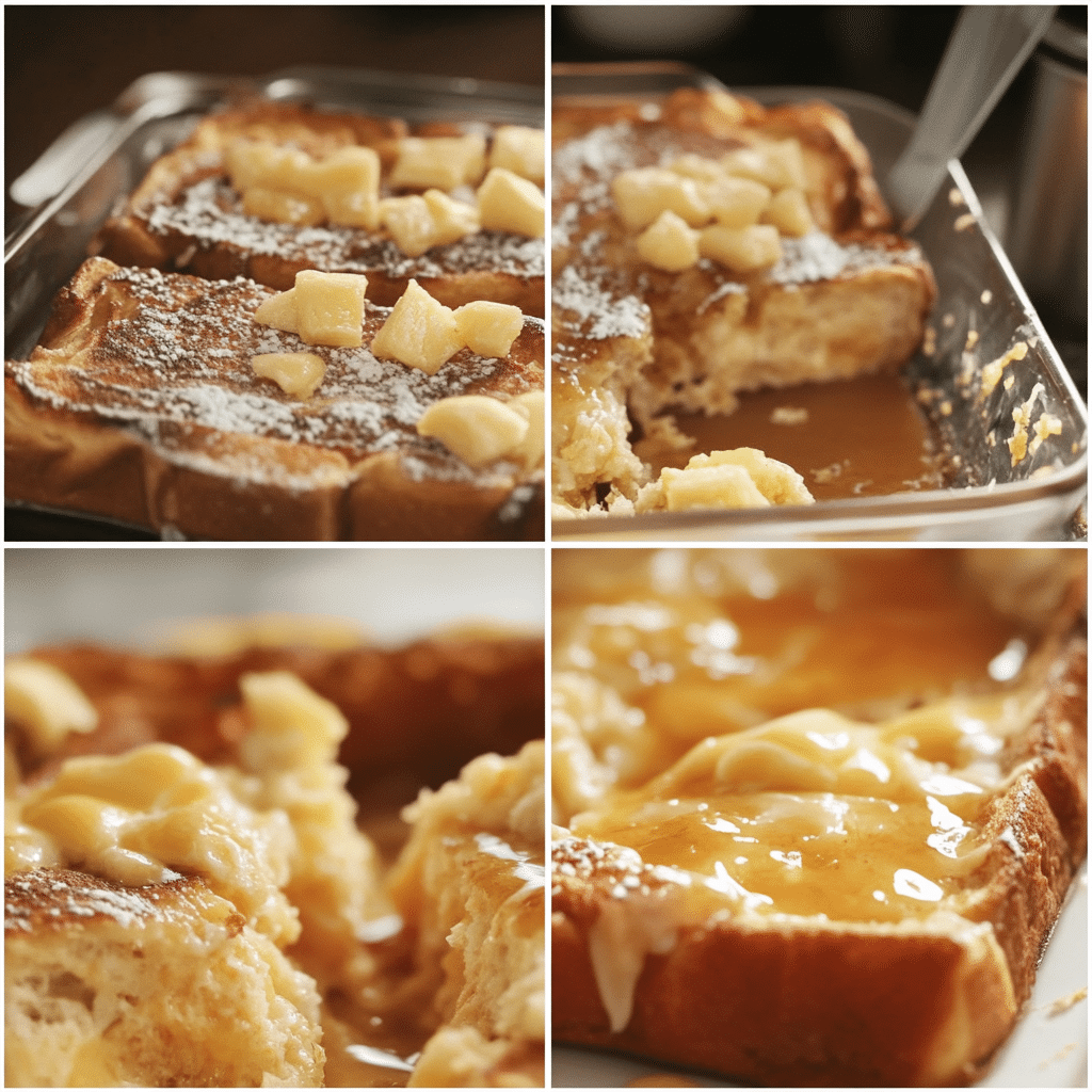 Four panel collage showing the steps for making French toast casserole