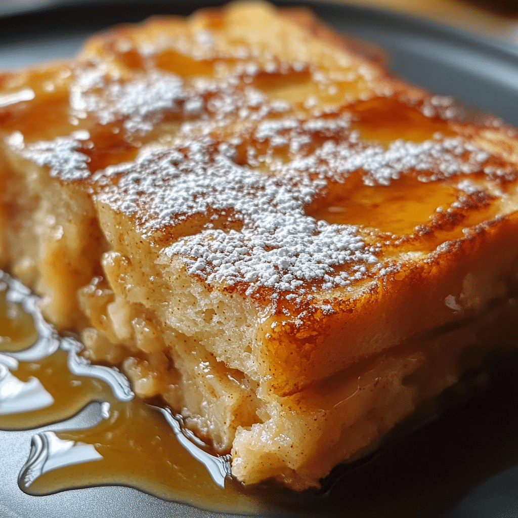 A slice of baked French toast casserole topped with syrup and powdered sugar
