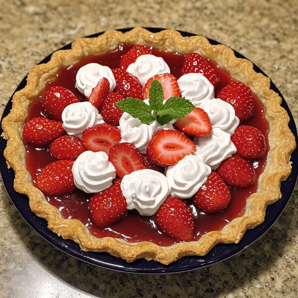 fresh strawberry pie with glossy strawberry filling and fresh strawberries in baked crust