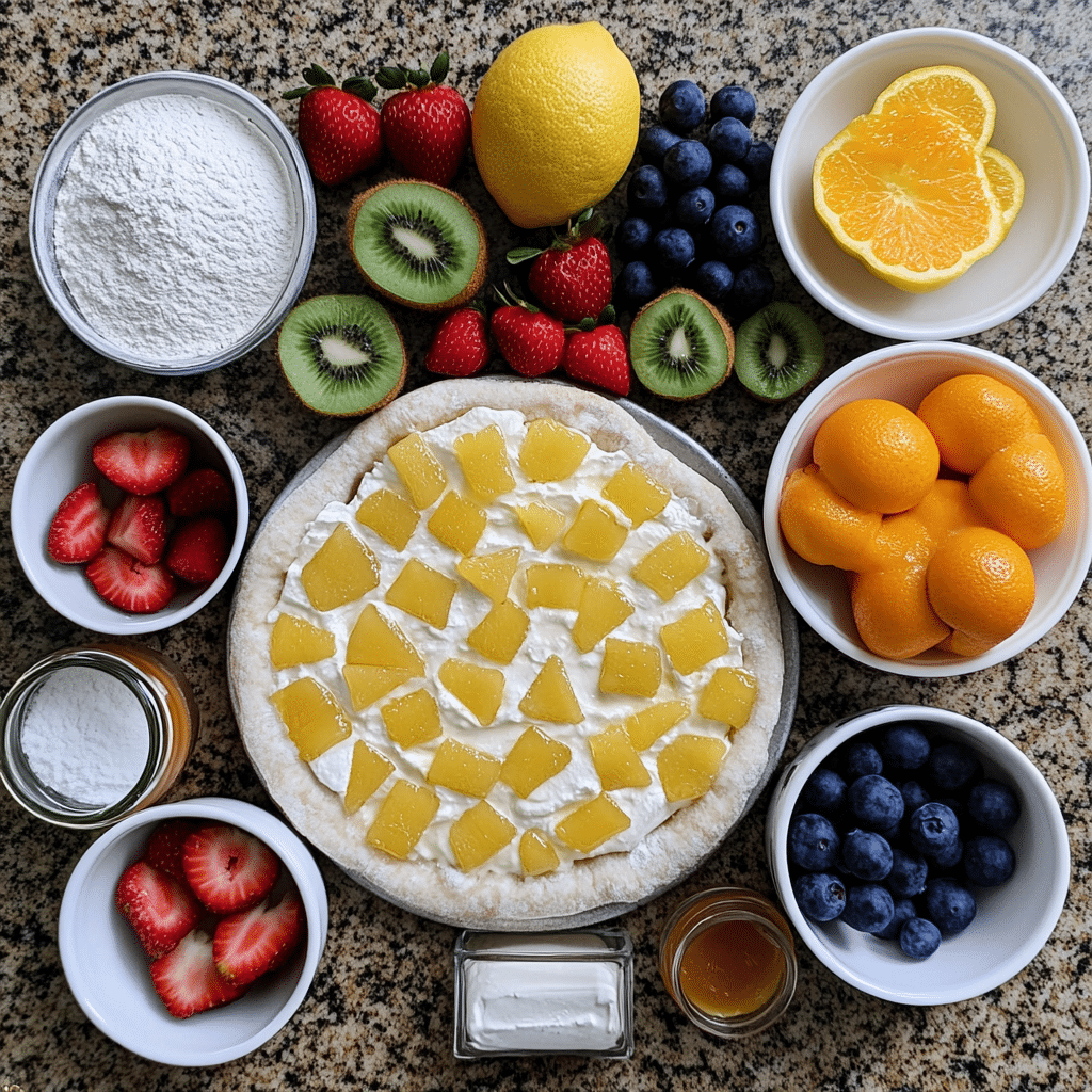 Flour, sugar, butter, cream cheese, and fresh fruit arranged for fruit pizza