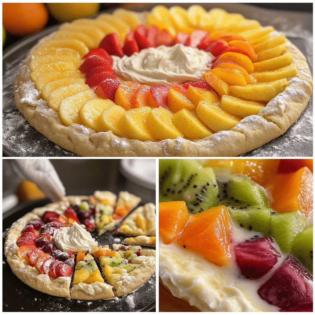 Four panel collage showing pressing dough, frosting crust, arranging fruit, and finished fruit pizza slices