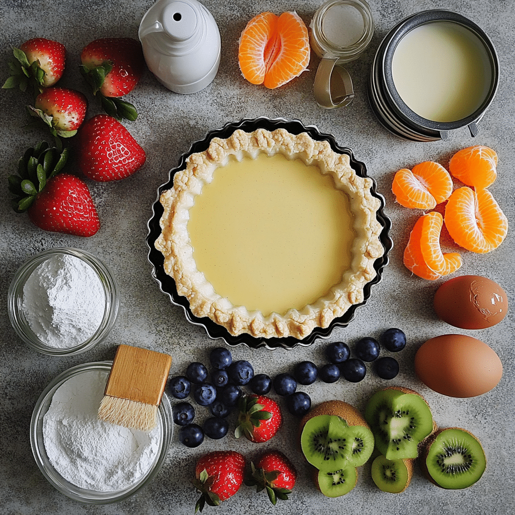 ingredients for fruit tart with custard including tart pan flour butter sugar milk eggs vanilla fresh fruit and jam glaze
