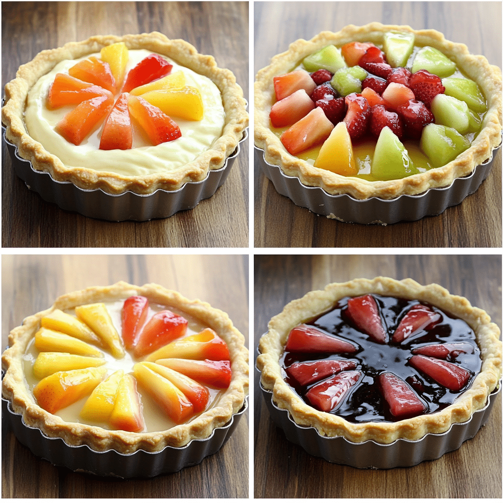 four panel collage showing steps to make fruit tart with custard