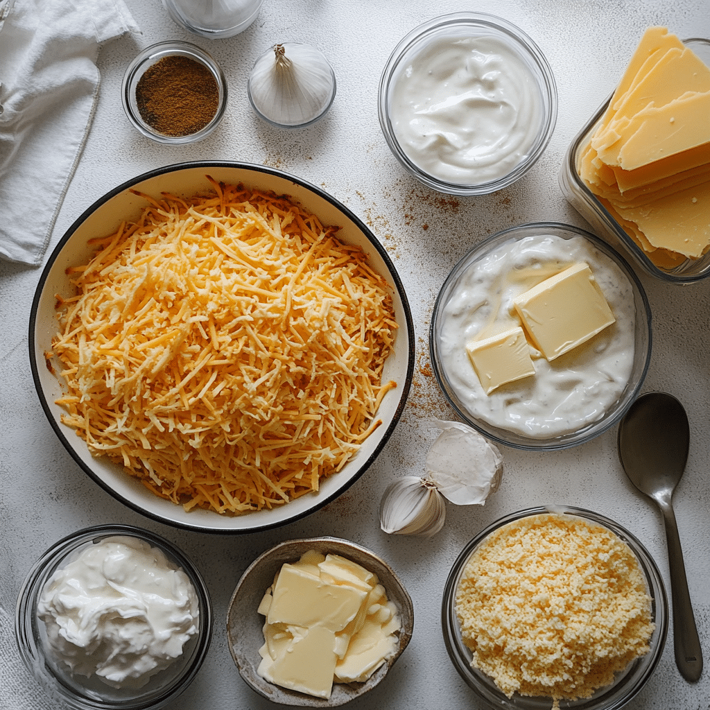 ingredients for funeral potatoes including hash browns sour cream cream soup cheddar butter and cornflakes