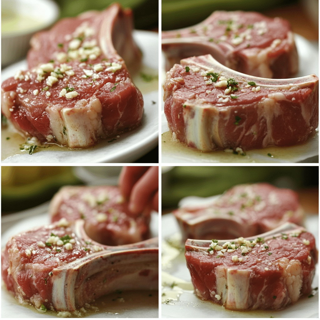 Four panel collage showing the steps for making garlic butter lamb chops