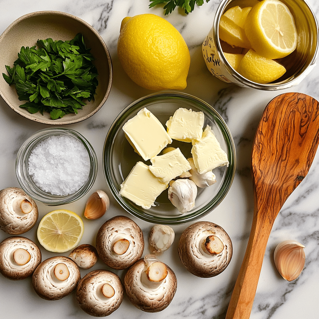 ingredients for garlic butter mushrooms including mushrooms butter garlic parsley salt pepper and lemon