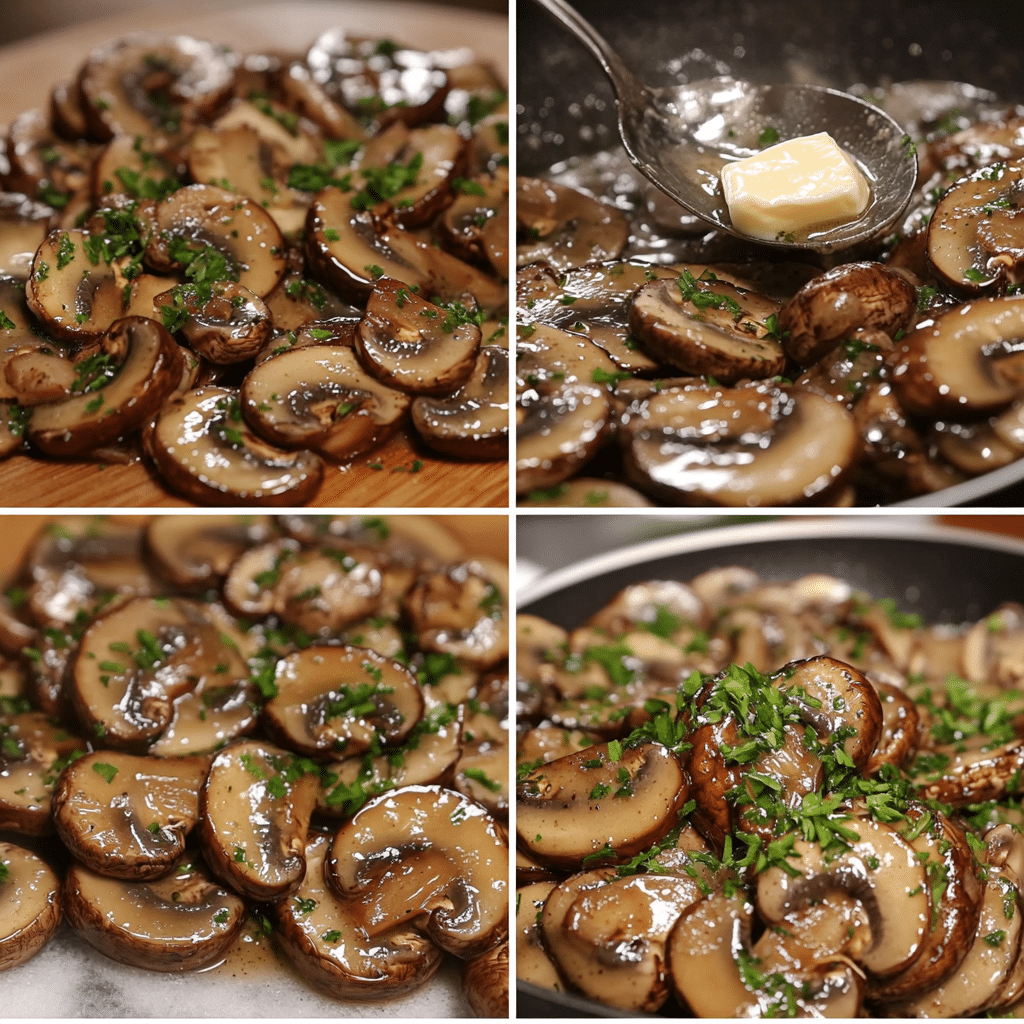 four panel collage showing steps to make garlic butter mushrooms