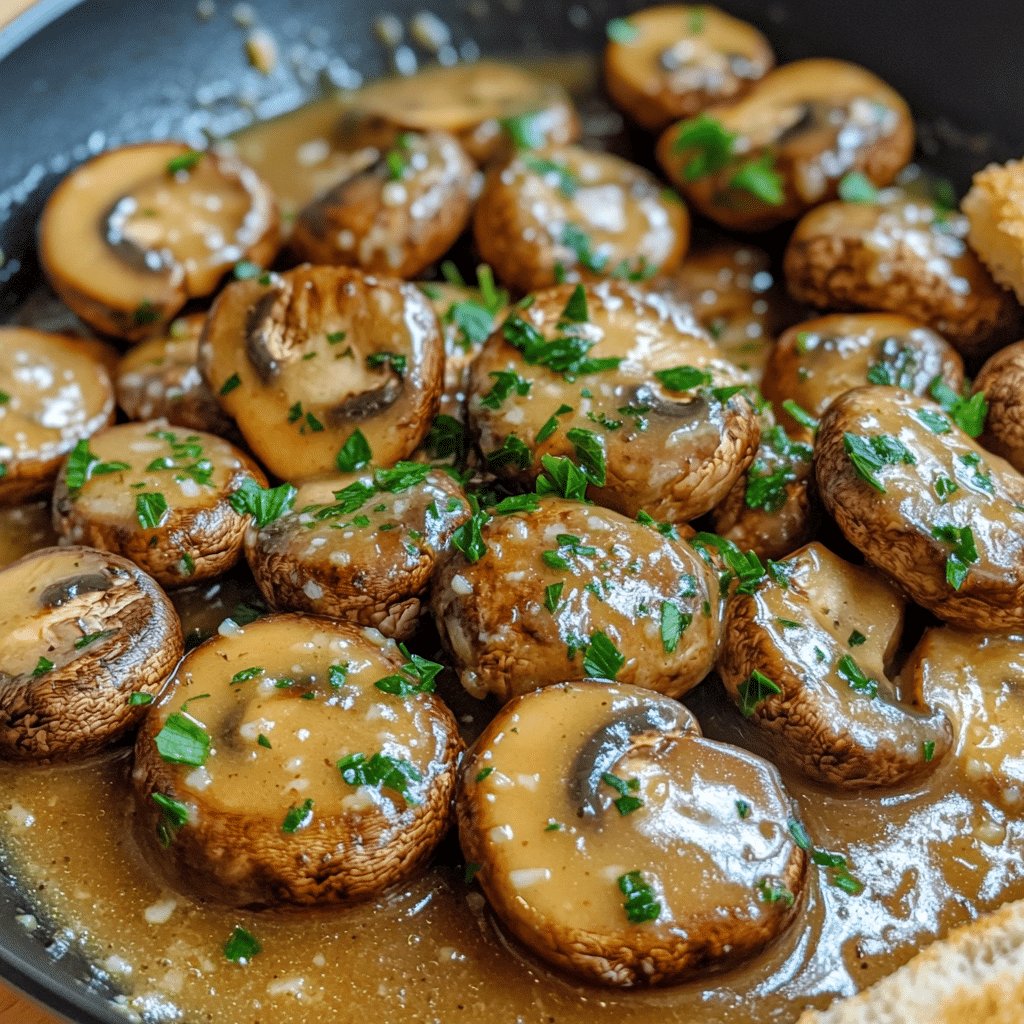 garlic butter mushrooms in a skillet with parsley and glossy sauce