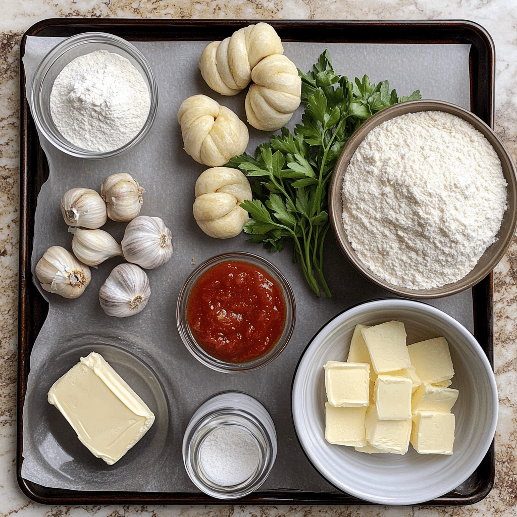 ingredients for garlic knots including flour yeast water olive oil butter garlic parsley parmesan and marinara