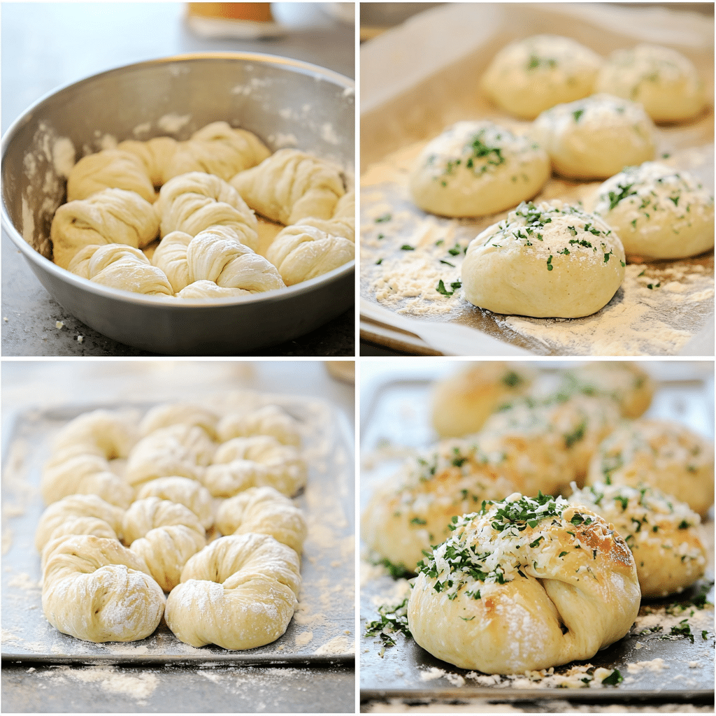 four panel collage showing steps to make garlic knots