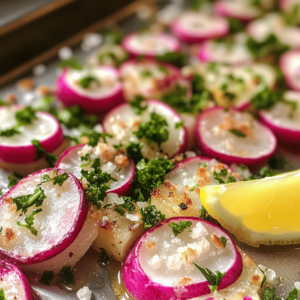roasted radishes on a sheet pan with garlic herbs and parsley